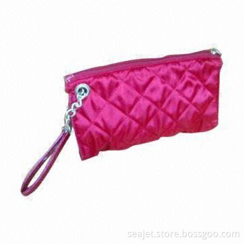Satin Fabric Cosmetic Bag with Chain Handles, Zipper, Measures 7.5 x 1.75 x 4 Inches